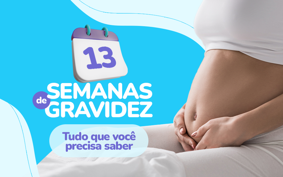 Capa do blog post da iFraldas sobre as 13 semanas de gravidez. Na imagem, a barriga de uma mulher branca grávida sentada.